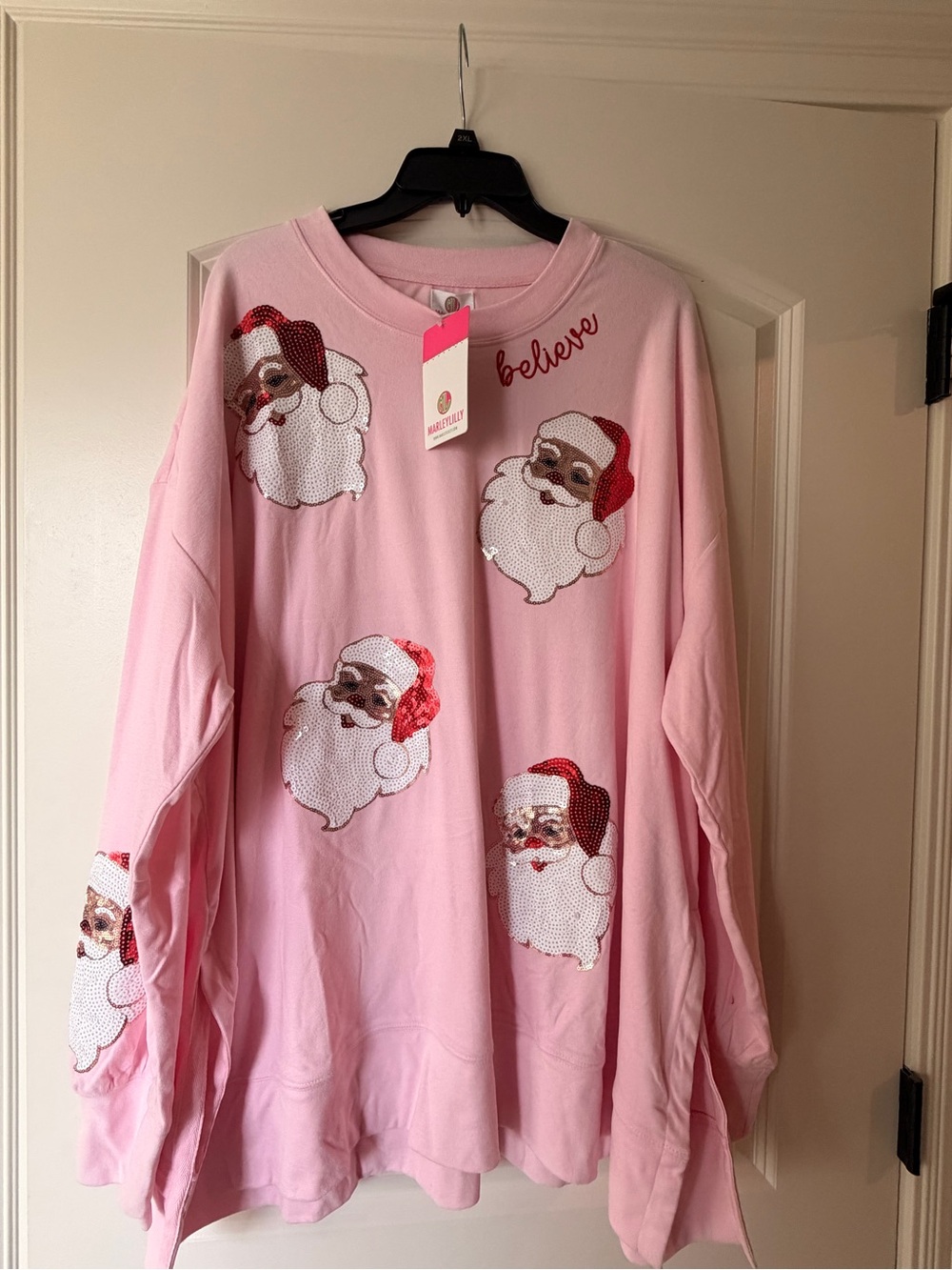 Believe Pink Sequin Santa Sweatshirt
